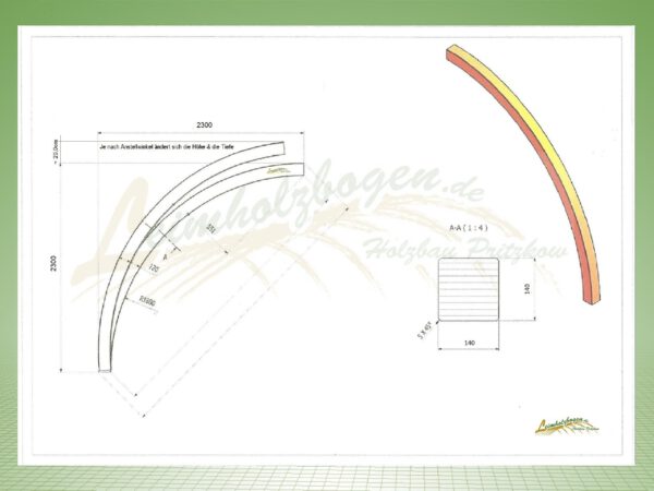 3,17 x 14 x 14 Bogen mit Winkelmaß 2,30m x 2,30m bei Leimholzbogen.de